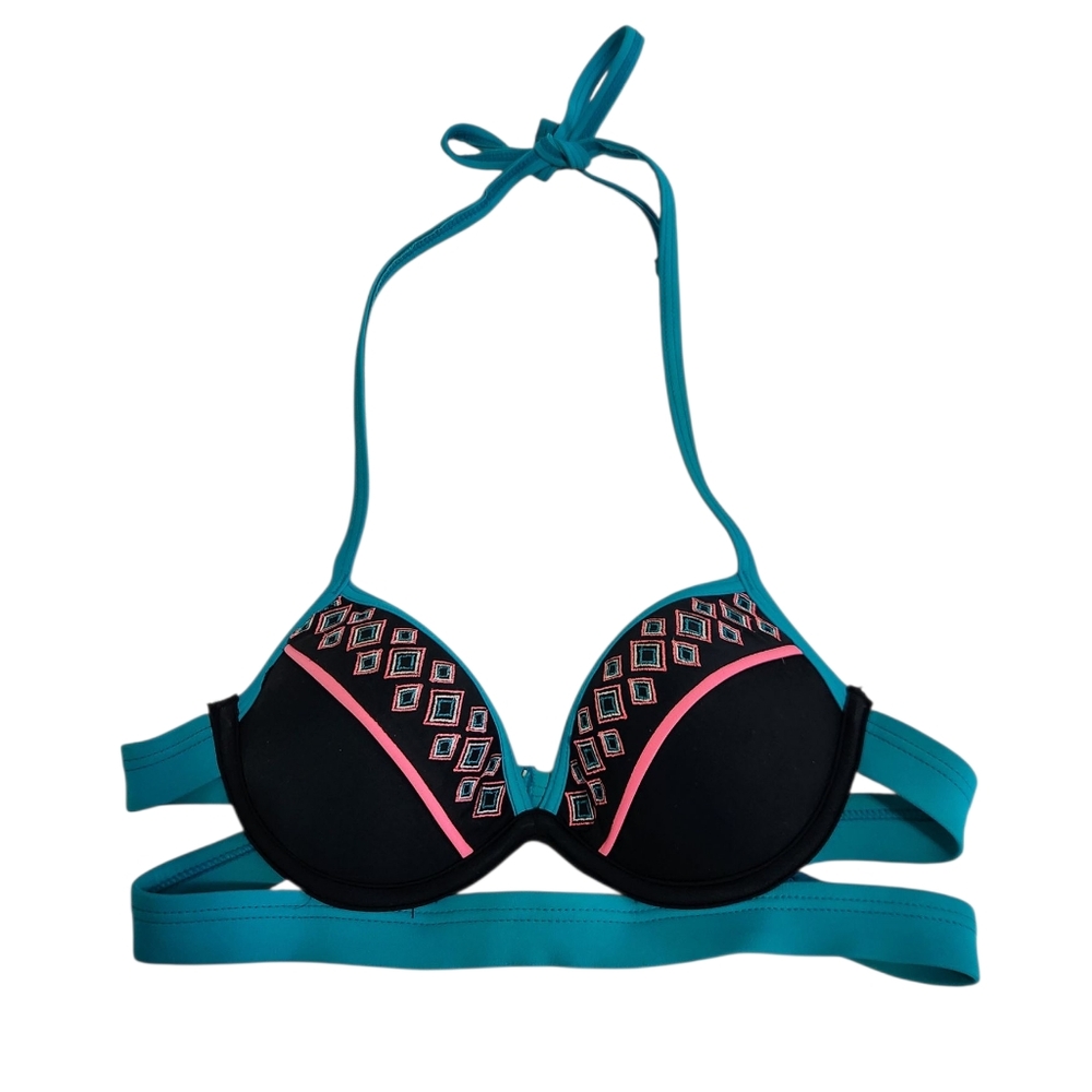 SO Push Up Bikini Top Teal and Black Underwire Embroidered